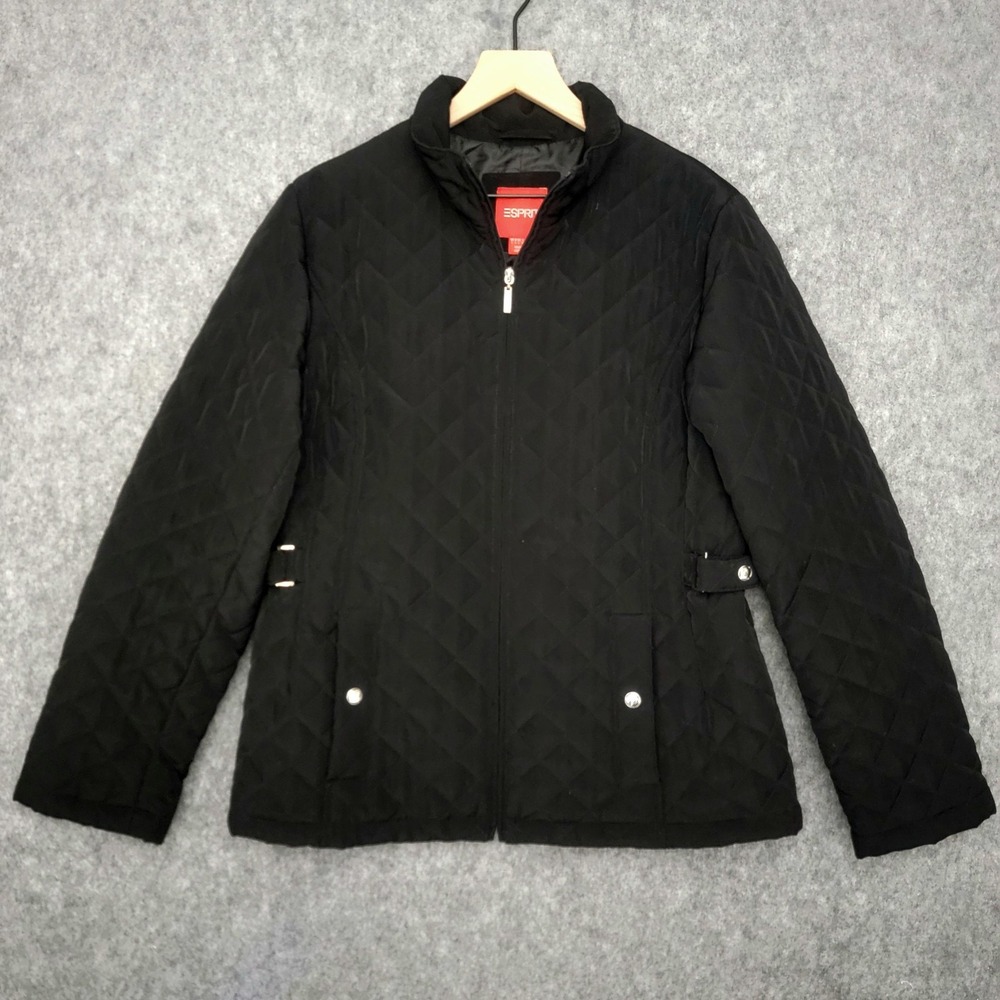 ESPRIT Jacket Womens L Black Quilted Full Zip Buckle Waist Pockets Insulated